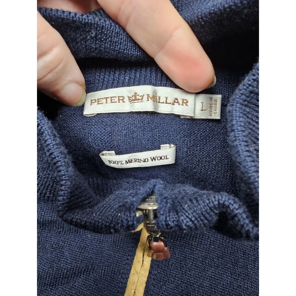 Peter Millar Sweater Mens Large Blue‎ Quarter Zip Wool Elbow Patches Mock Neck